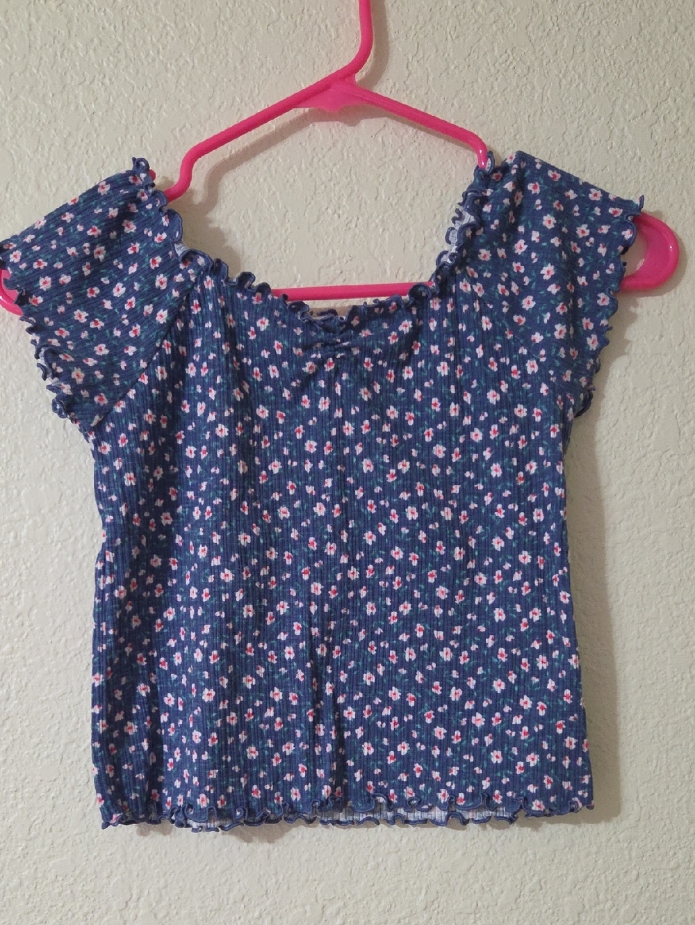 Old Navy Navy Blue Floral Ribbed Square-Neck Top
